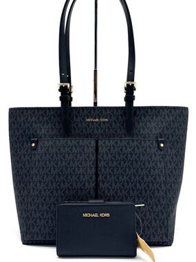 Michael Kors Jet Set Medium Pocket Tote Bag & Matching Bifold Wallet Black